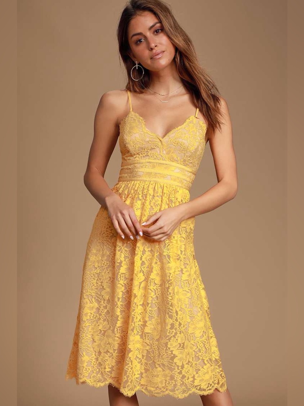 Lulus Treasure Me Mustard Yellow Lace Midi Dress Spaghetti Strap Sz XS